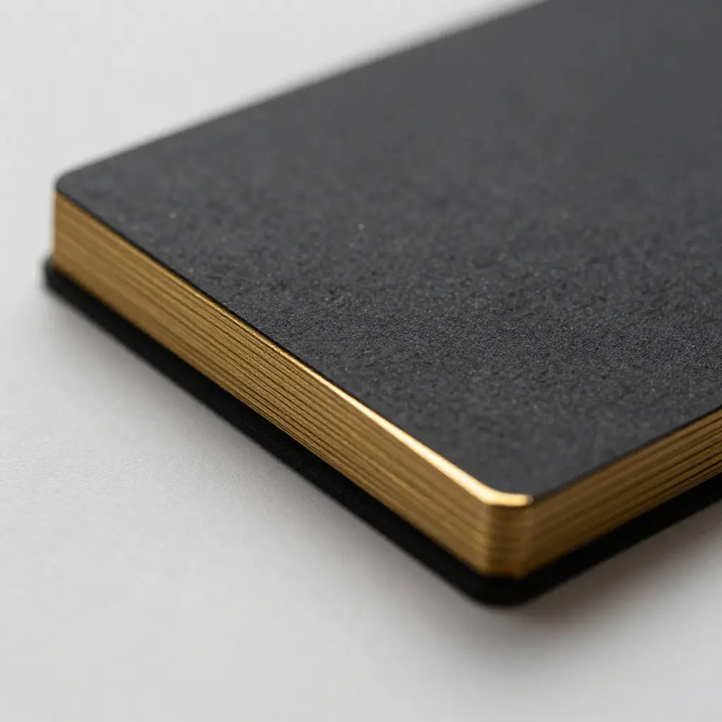 Close-up of premium matte business card with gold foil edge detail